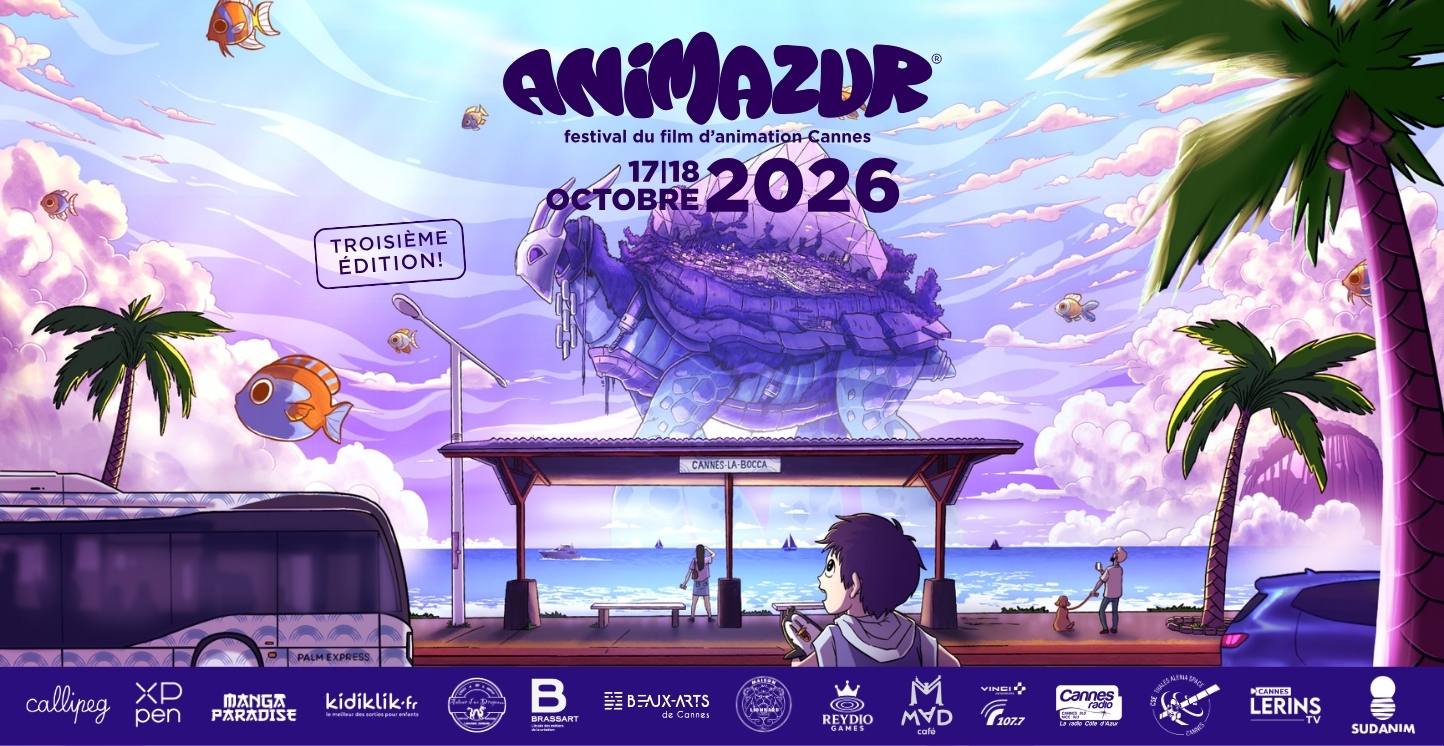 The official poster for the third edition of Animazur, the Cannes animation film festival: two days of screenings and workshops at the Cineum in Cannes La Bocca, on Saturday 17 and Sunday 18 October 2026.
