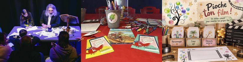 The Animazur creative workshops, on the Cineum ground floor: on the right, the “Pioche ton film” game, led on Sunday from 2.30 to 5.30 pm by L’Arbre à Bulles from Mougins, where children invent a scene from three cards drawn at random.