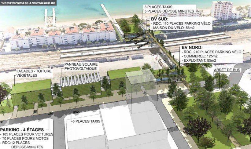 Artist's impression of the future TER station: 185-space car park over four levels, planted forecourts and a 110-metre footbridge. Computer-generated image; project under study.