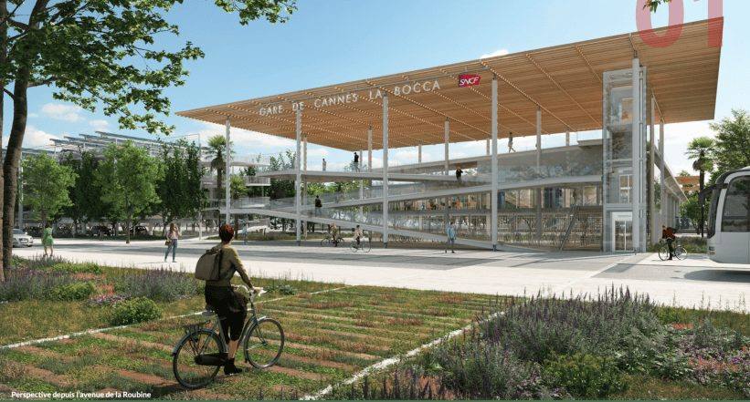 View from avenue de la Roubine: the future north passenger building of Cannes La Bocca station. Computer-generated image; project under study.