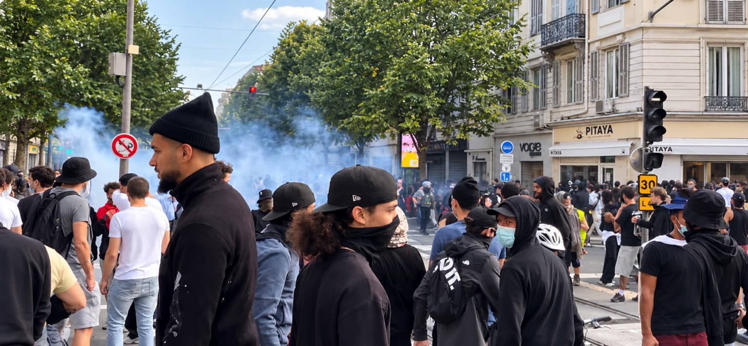 La foule, composée en grande partie de jeunes dont beaucoup avaient le visage dissimulé, dans la fumée des gaz lacrymogènes, samedi 17 octobre à Nice.