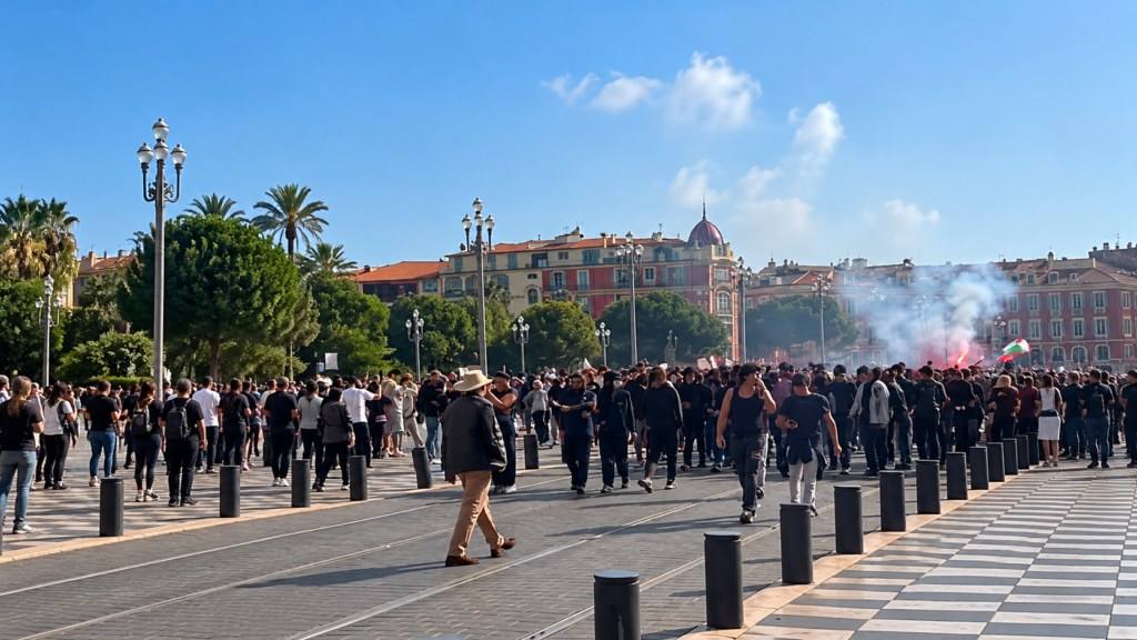 La foule sur la Promenade des Anglais, au niveau du dallage en damier, samedi après-midi : une partie du cortège avait atteint le front de mer, où les CRS sont arrivés vers 15h50.