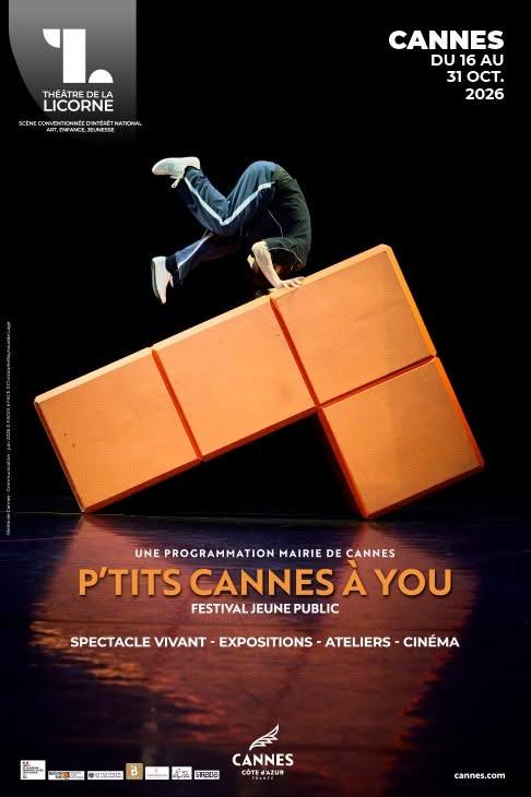 L’affiche officielle du festival P’tits Cannes à You 2026, une programmation de la Mairie de Cannes au Théâtre de la Licorne : seize jours de spectacles jeune public, du vendredi 16 au samedi 31 octobre.
